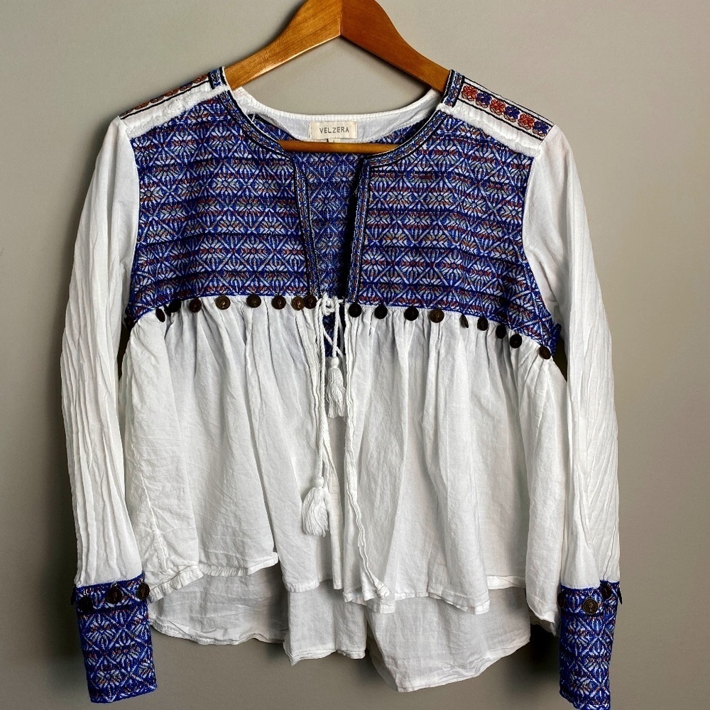 VELZERA Womens White Multi-Color Embroidered Swim Cover Up Open Top Size Large